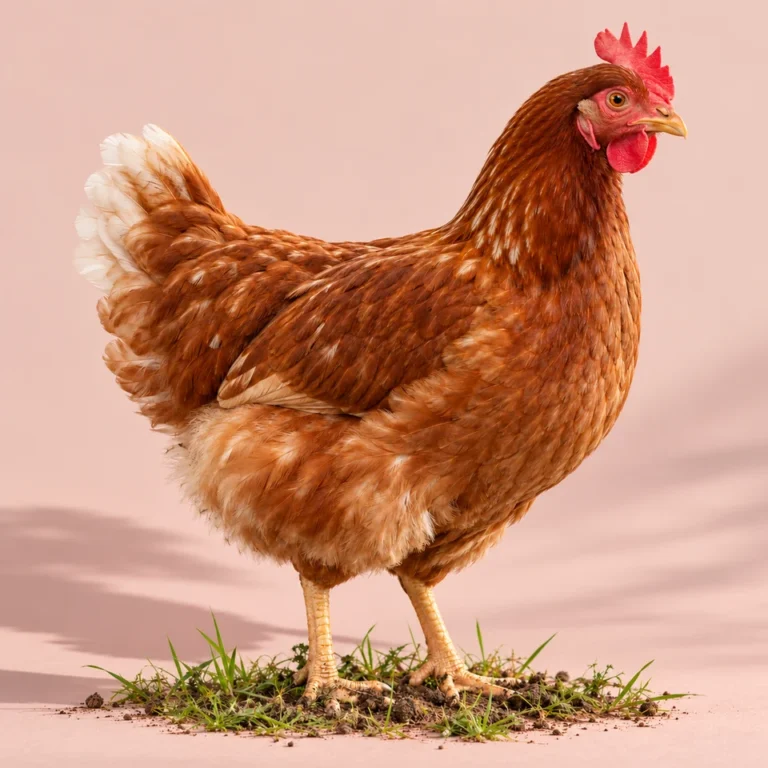 Poule rousse sur fond rose