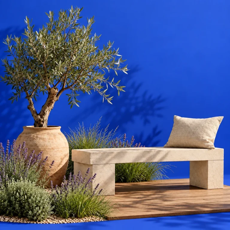 Composition de terrasse avec banc et végétaux