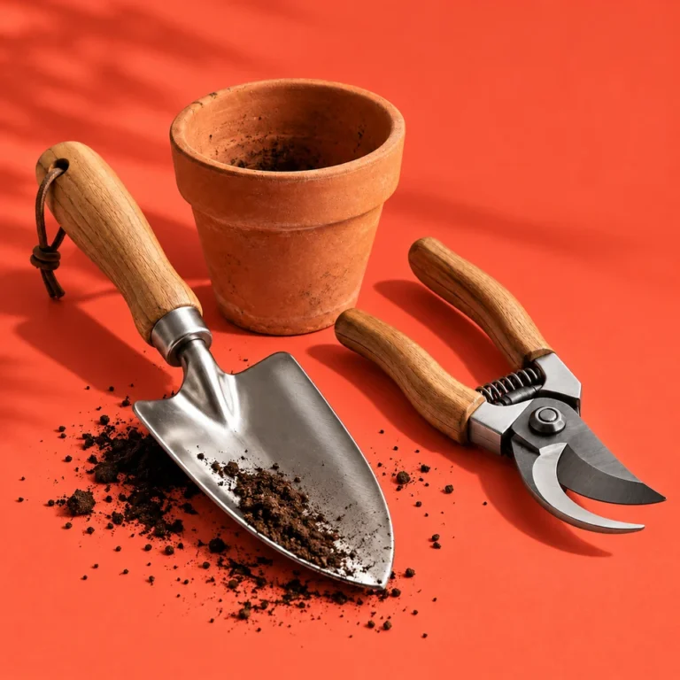 Outils de jardin et pot en terre cuite